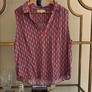 LOFT Vibrant Red and Blue Wave Blouse